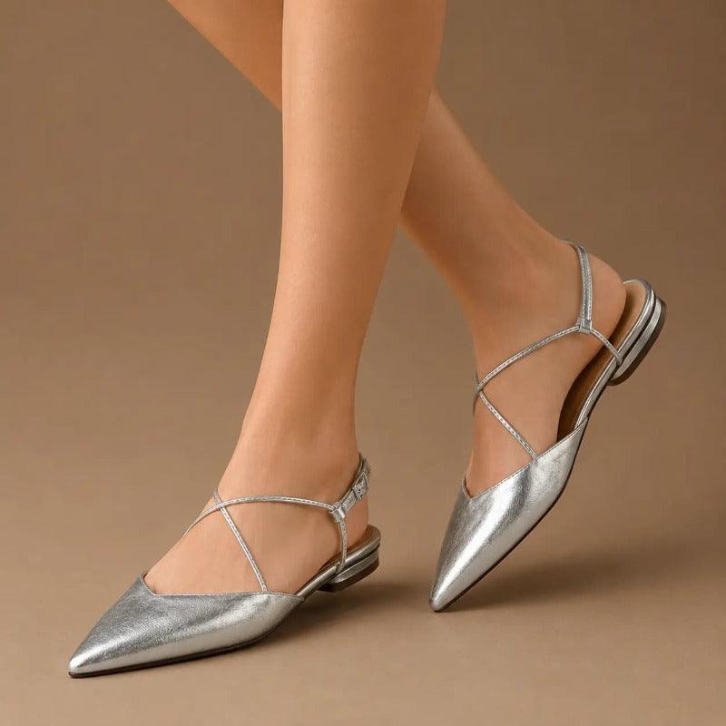Pointed Toe Slingback Flats with Strappy Metallic Finish Shoes 1048732161565 - 7 Days / Silver / 34 - COCOMELODY